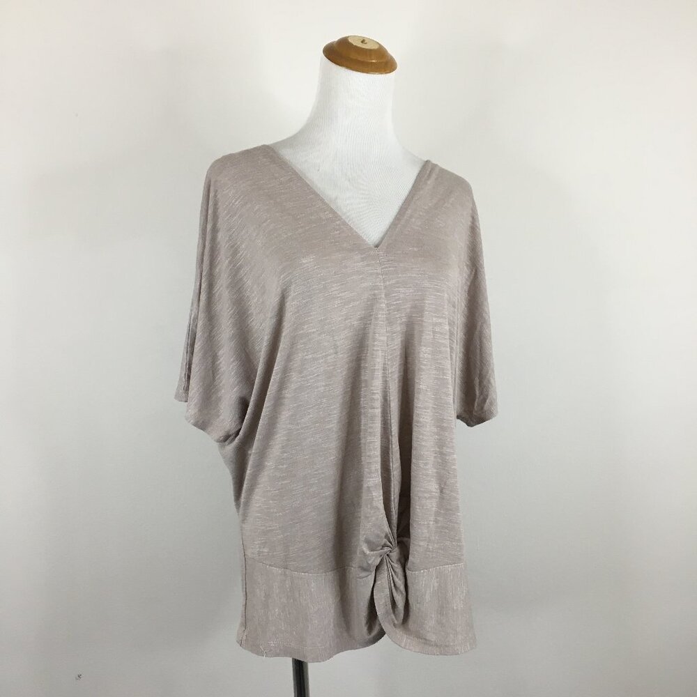 JUICY COUTURE Beige/Stone V Neck Short Batwing Sleeve Knot Front Hem Shirt
